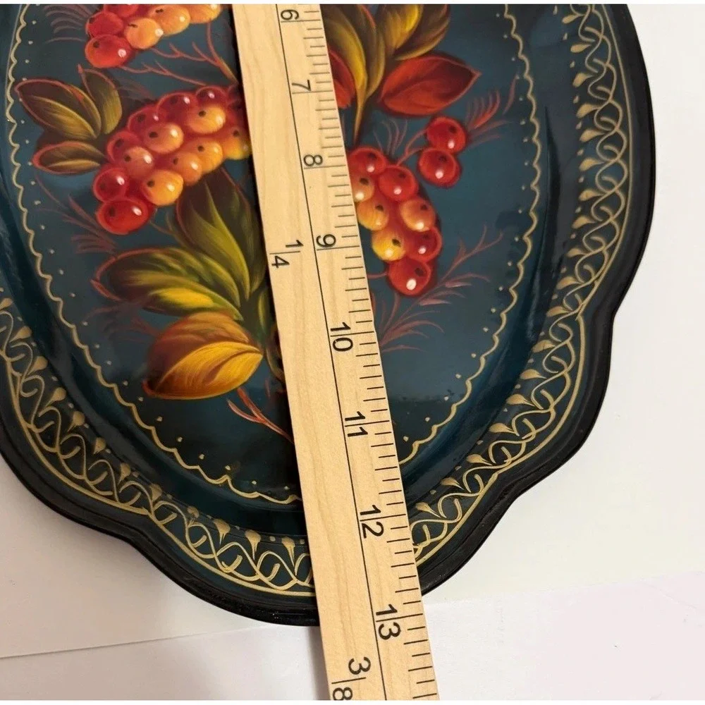 Vintage Zhostovo-Style Hand Painted‎ Oval Metal Tray Berry Folk Art Scalloped